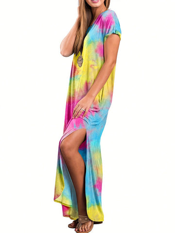 Women's Casual Loose Tie Dye Sleeveless Maxi Dress With Hollow Out Back, Hidden Pockets And Side Slit