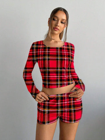 Women's Casual Minimalist Plaid Print Long Sleeve T-Shirt And Shorts Set
