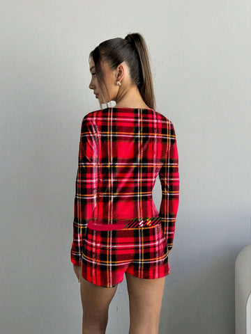 Women's Casual Minimalist Plaid Print Long Sleeve T-Shirt And Shorts Set