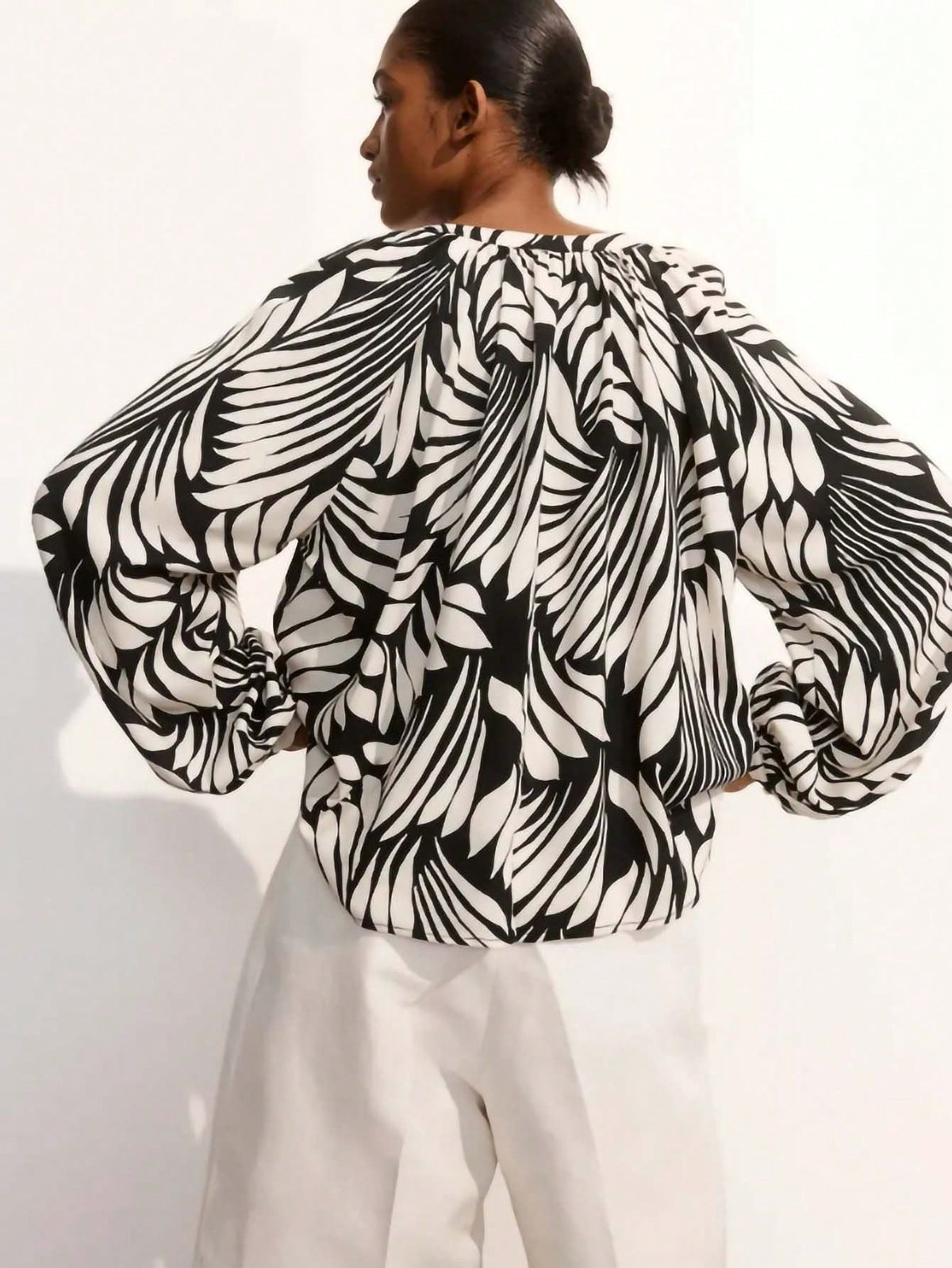 Women's Casual Notch Collar Lantern Sleeve All-Over Printed Shirt, Spring/Autumn'