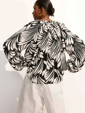 Women's Casual Notch Collar Lantern Sleeve All-Over Printed Shirt, Spring/Autumn'