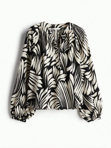 Women's Casual Notch Collar Lantern Sleeve All-Over Printed Shirt, Spring/Autumn'