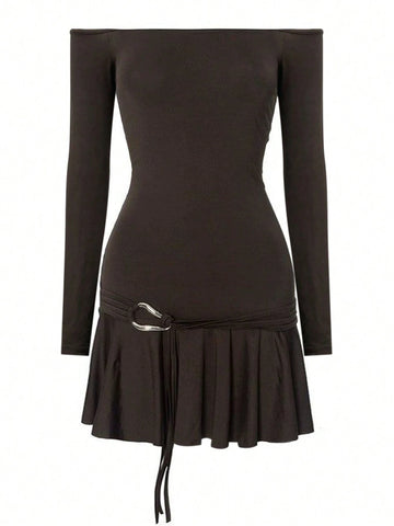 Women's Casual Off-Shoulder Long Sleeve Solid Color Mini Dress, Spring & Summer