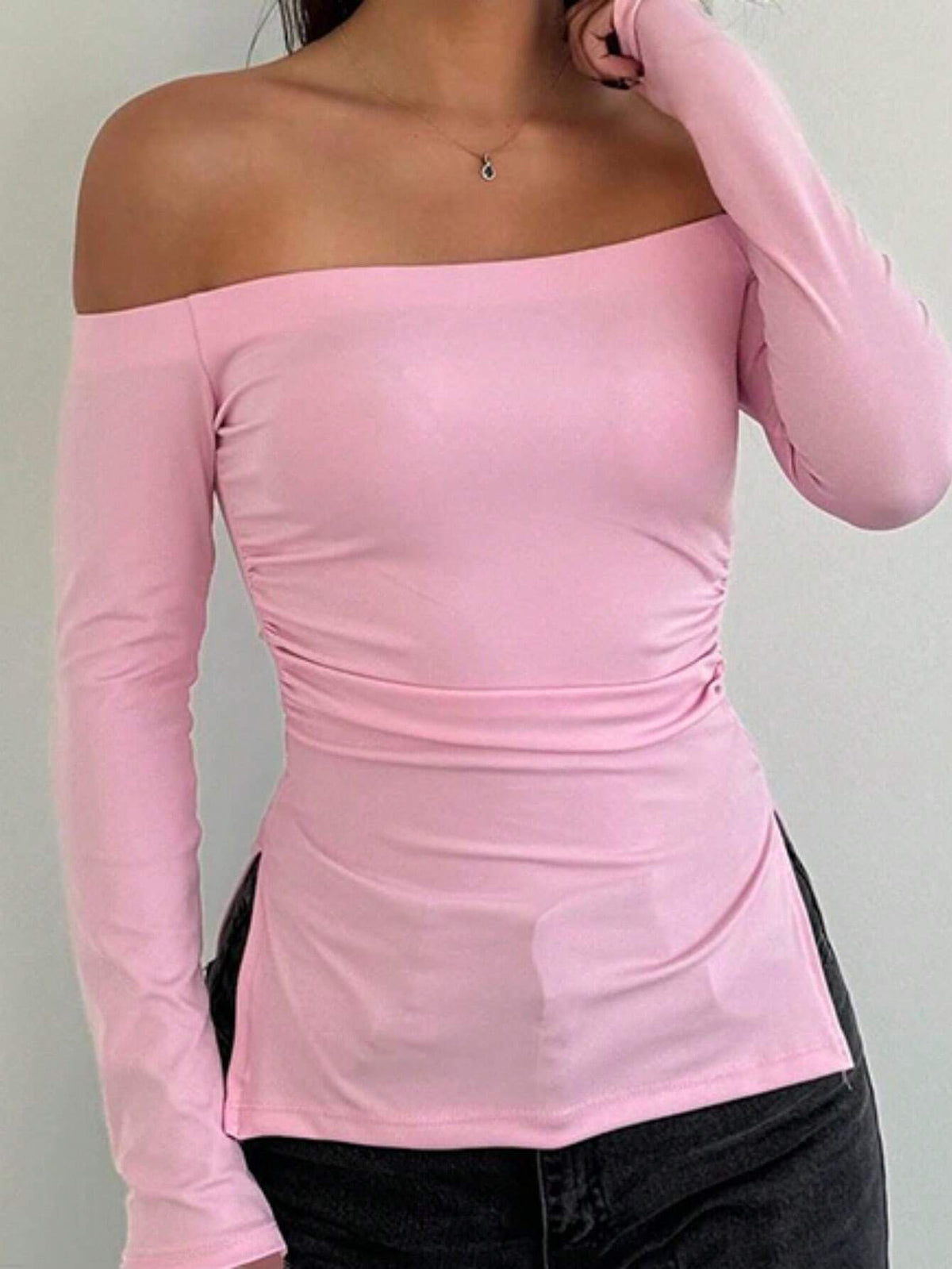 Women's Casual Off Shoulder Slit Hem Long Sleeve Top, Autumn