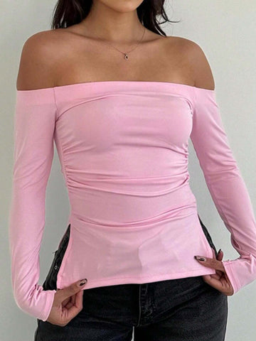 Women's Casual Off Shoulder Slit Hem Long Sleeve Top, Autumn