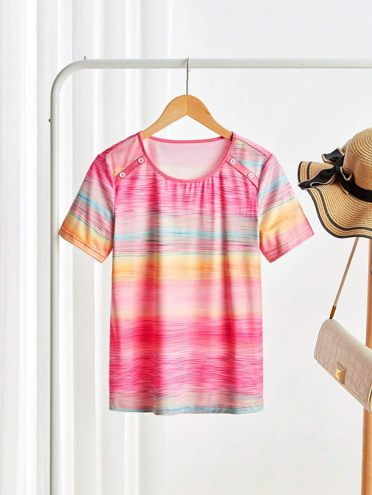 Women's Casual Ombre Button Decor Short Sleeve T-Shirt, Summer