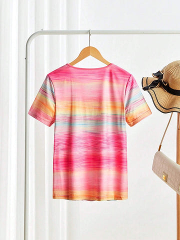 Women's Casual Ombre Button Decor Short Sleeve T-Shirt, Summer