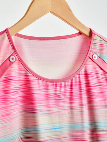 Women's Casual Ombre Button Decor Short Sleeve T-Shirt, Summer