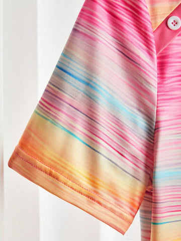 Women's Casual Ombre Button Decor Short Sleeve T-Shirt, Summer