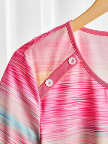 Women's Casual Ombre Button Decor Short Sleeve T-Shirt, Summer