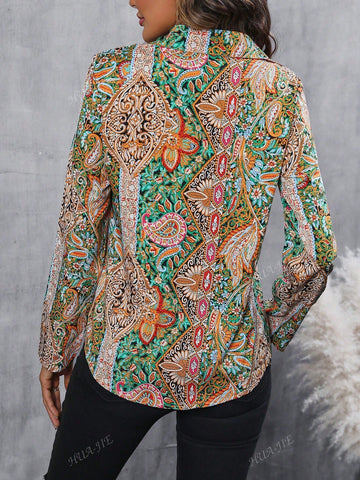 Women's Casual Paisley Print Long Sleeve Single-Breasted Shirt, For Holiday Autumn Season