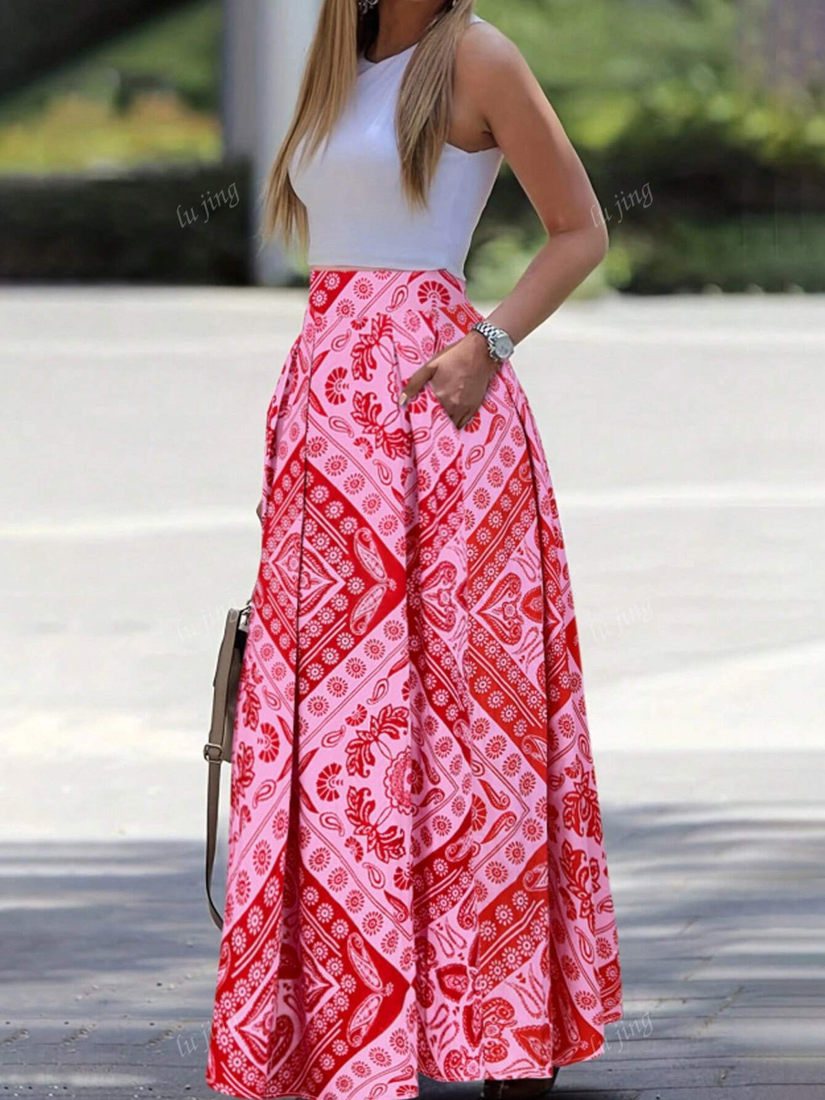 Women's Casual Paisley Print Pocket Skirt