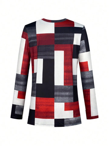 Women's Casual Pants Suit Geometric Print Round Neck Long Sleeve Slit Top Solid Color Leggings Two-Piece Suit