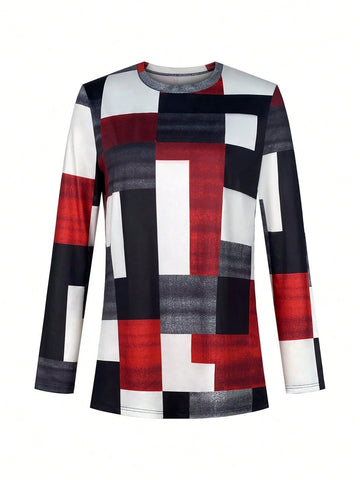 Women's Casual Pants Suit Geometric Print Round Neck Long Sleeve Slit Top Solid Color Leggings Two-Piece Suit