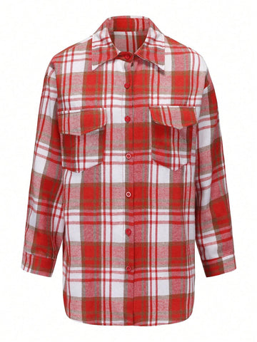 Women's Casual Patterned Long Sleeve Pocket Button Down Collar Shirt