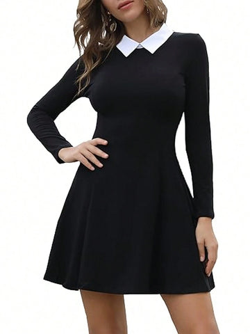 Women's Casual Peter Pan Collar A-Line Slim Fit Flare Dress, Gothic Style