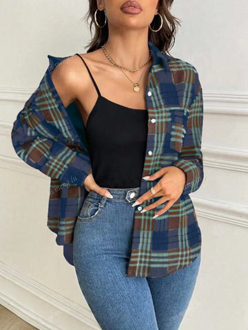 Women's Casual Plaid Drop Shoulder Long Sleeve Single-Breasted Pocket Shirt, Autumn