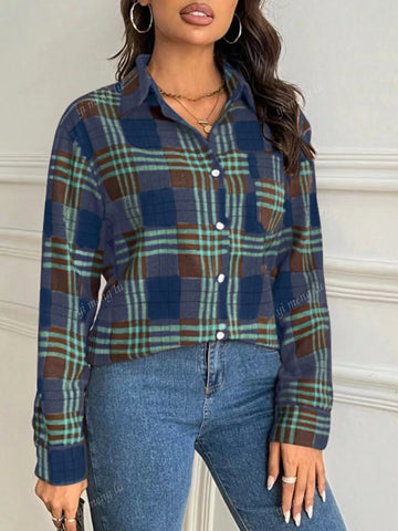Women's Casual Plaid Drop Shoulder Long Sleeve Single-Breasted Pocket Shirt, Autumn