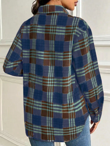 Women's Casual Plaid Drop Shoulder Long Sleeve Single-Breasted Pocket Shirt, Autumn