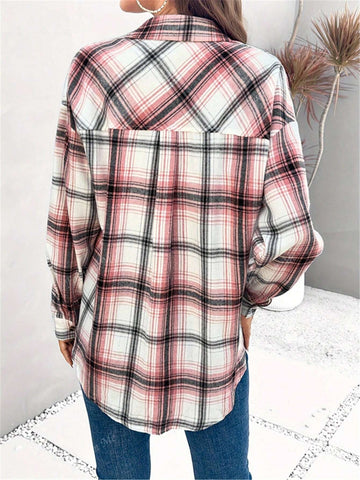 Women's Casual Plaid Long Sleeve Pocket Shirt, Spring & Autumn