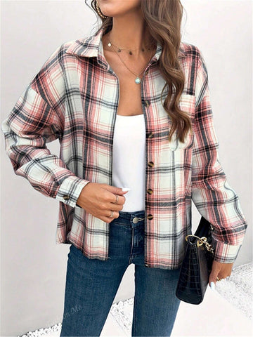 Women's Casual Plaid Long Sleeve Pocket Shirt, Spring & Autumn