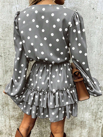 Women's Casual Polka Dot Print Ruffle Hem Lace-Up Dress, Autumn