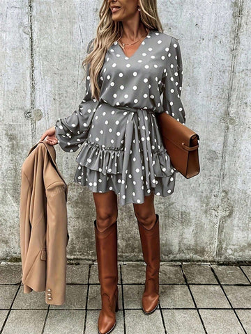 Women's Casual Polka Dot Print Ruffle Hem Lace-Up Dress, Autumn
