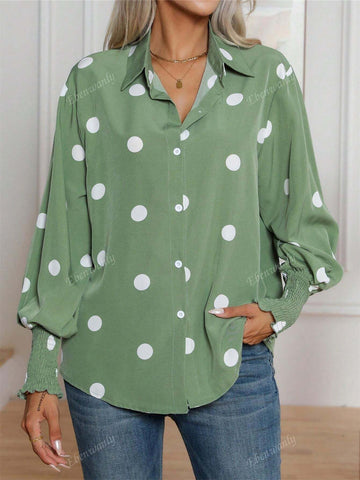 Women's Casual Polka Dot Print Turn-Down Collar Button Up Long Sleeve Shirt, Suitable For Spring And Autumn