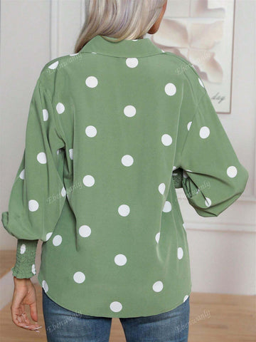 Women's Casual Polka Dot Print Turn-Down Collar Button Up Long Sleeve Shirt, Suitable For Spring And Autumn