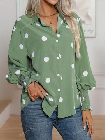 Women's Casual Polka Dot Print Turn-Down Collar Button Up Long Sleeve Shirt, Suitable For Spring And Autumn