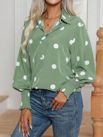 Women's Casual Polka Dot Print Turn-Down Collar Button Up Long Sleeve Shirt, Suitable For Spring And Autumn