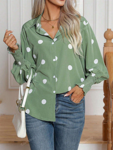 Women's Casual Polka Dot Print Turn-Down Collar Button Up Long Sleeve Shirt, Suitable For Spring And Autumn
