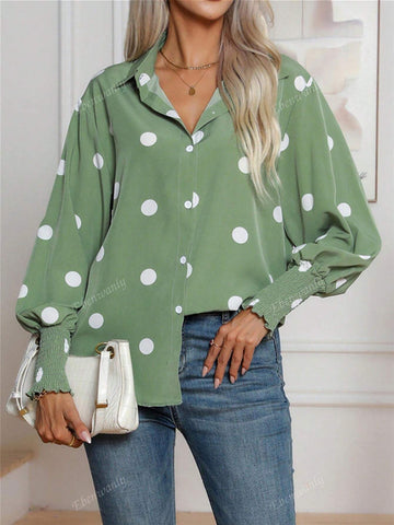Women's Casual Polka Dot Print Turn-Down Collar Button Up Long Sleeve Shirt, Suitable For Spring And Autumn