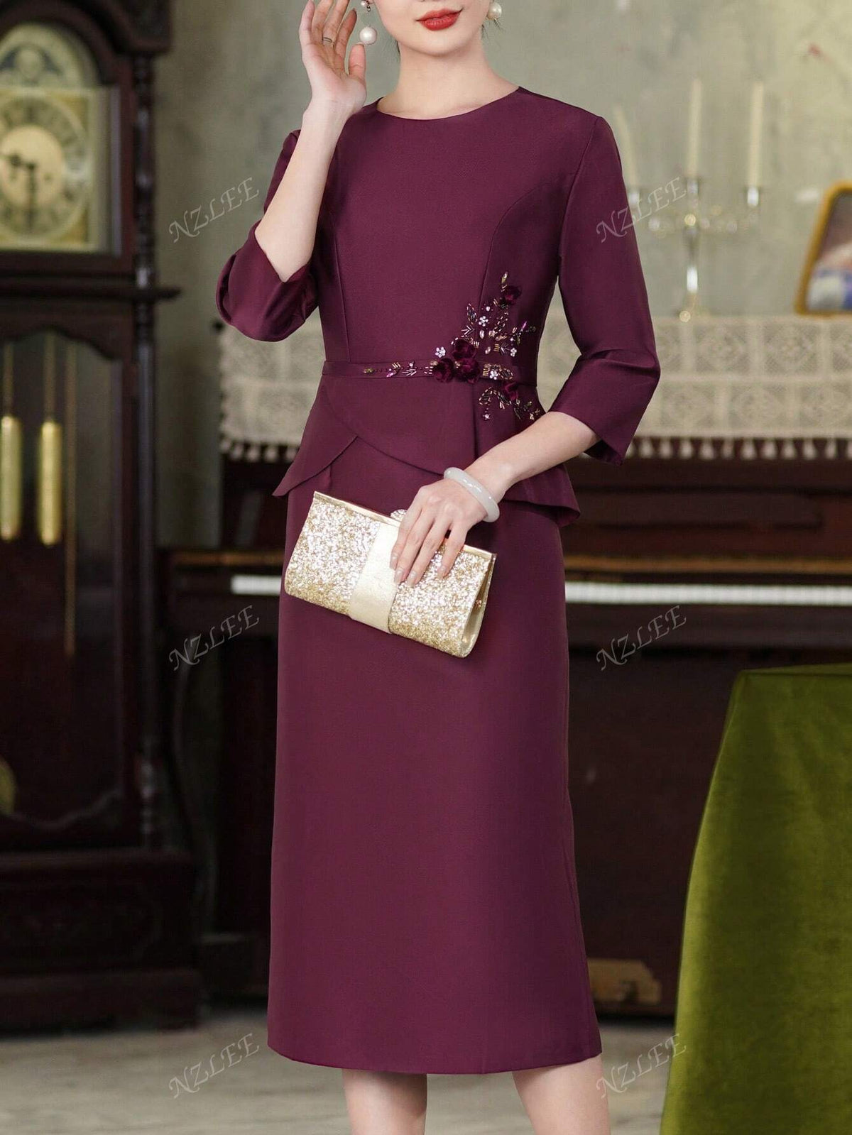 Women's Casual Purple Dress, Round Neck Elegant Flounce Sleeve 2 In 1 Dress