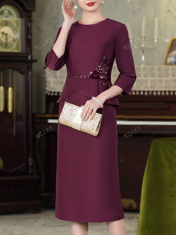 Women's Casual Purple Dress, Round Neck Elegant Flounce Sleeve 2 In 1 Dress