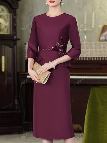 Women's Casual Purple Dress, Round Neck Elegant Flounce Sleeve 2 In 1 Dress