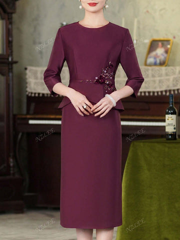 Women's Casual Purple Dress, Round Neck Elegant Flounce Sleeve 2 In 1 Dress