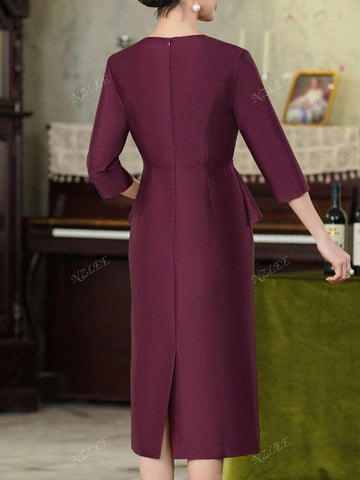 Women's Casual Purple Dress, Round Neck Elegant Flounce Sleeve 2 In 1 Dress