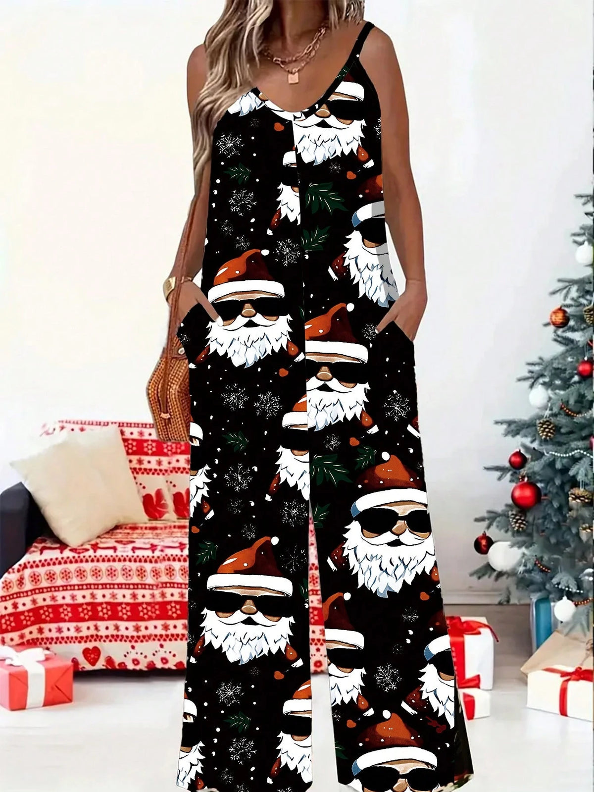 Women's Casual Santa Claus Print Jumpsuit