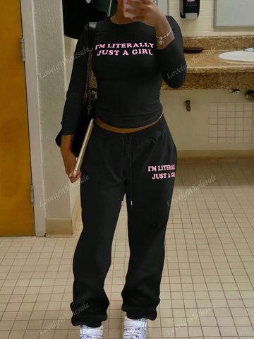 Women's Casual Simple Round Neck Long Sleeve Letter Print T-Shirt And Sweatpants Set Spring Autumn