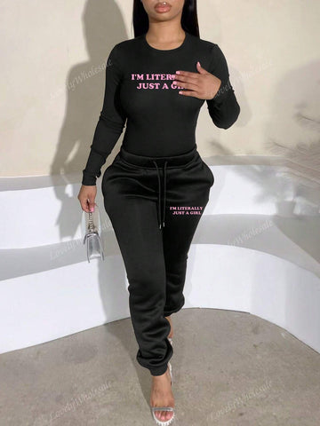 Women's Casual Simple Round Neck Long Sleeve Letter Print T-Shirt And Sweatpants Set Spring Autumn
