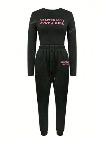 Women's Casual Simple Round Neck Long Sleeve Letter Print T-Shirt And Sweatpants Set Spring Autumn
