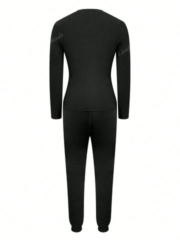 Women's Casual Simple Round Neck Long Sleeve Letter Print T-Shirt And Sweatpants Set Spring Autumn