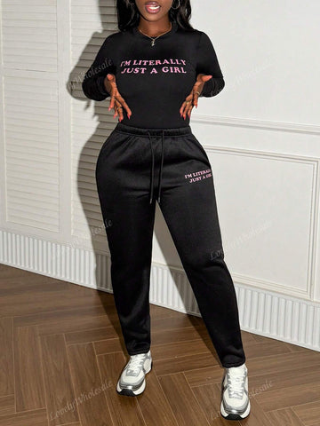 Women's Casual Simple Round Neck Long Sleeve Letter Print T-Shirt And Sweatpants Set Spring Autumn