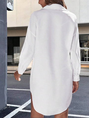 Casual Solid Color Button Down Curved Hem Shirt, Short Front Long Back