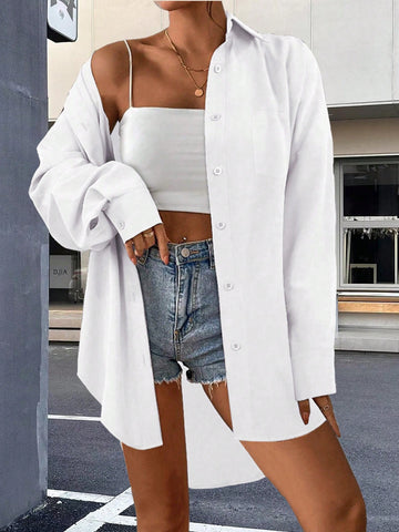Casual Solid Color Button Down Curved Hem Shirt, Short Front Long Back