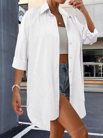 Casual Solid Color Button Down Curved Hem Shirt, Short Front Long Back