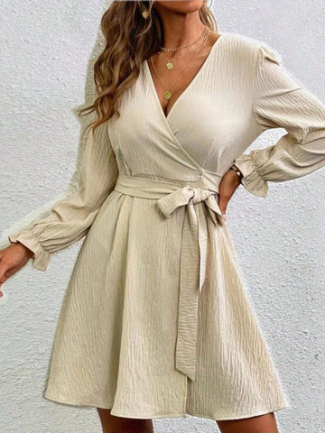 Women's Casual Solid Color Cinched Waist Dress, Autumn