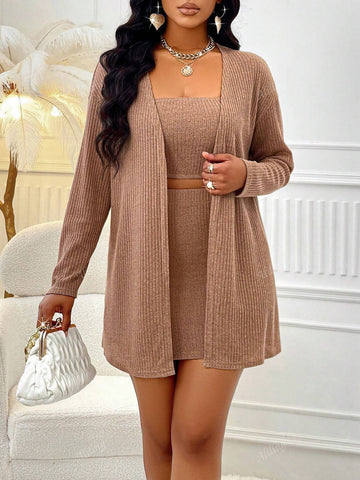 Women's Casual Solid Color Drop Shoulder Open Front Coat & Tube Top & Skirt Three Pieces Set, All-Match Style