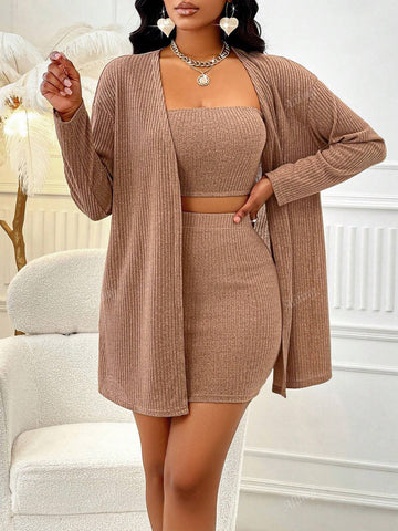 Women's Casual Solid Color Drop Shoulder Open Front Coat & Tube Top & Skirt Three Pieces Set, All-Match Style